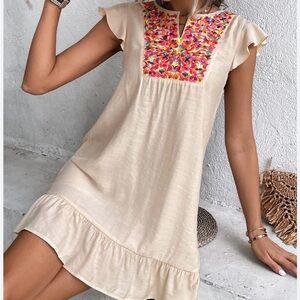 SHEIN Cream Midi Dress with Colorful Embroidery